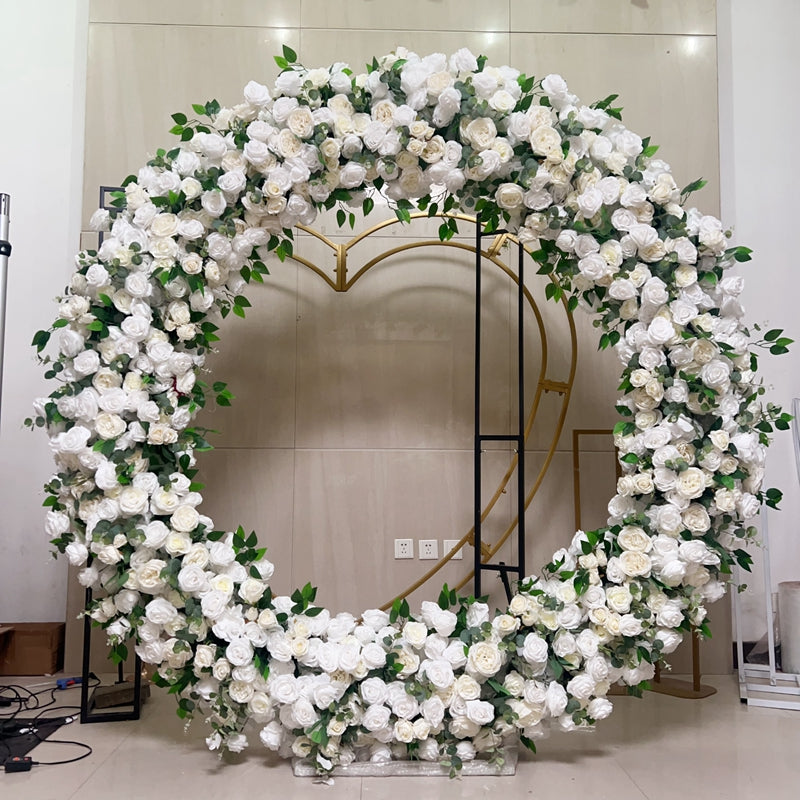 Beige White Round Flower Arch Artificial White And Green Rose Wedding Arch Moon Gate Flower Metal Arch For Wedding