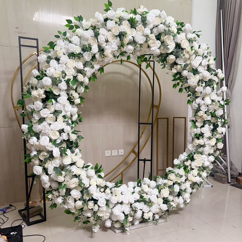 Beige White Round Flower Arch Artificial White And Green Rose Wedding Arch Moon Gate Flower Metal Arch For Wedding