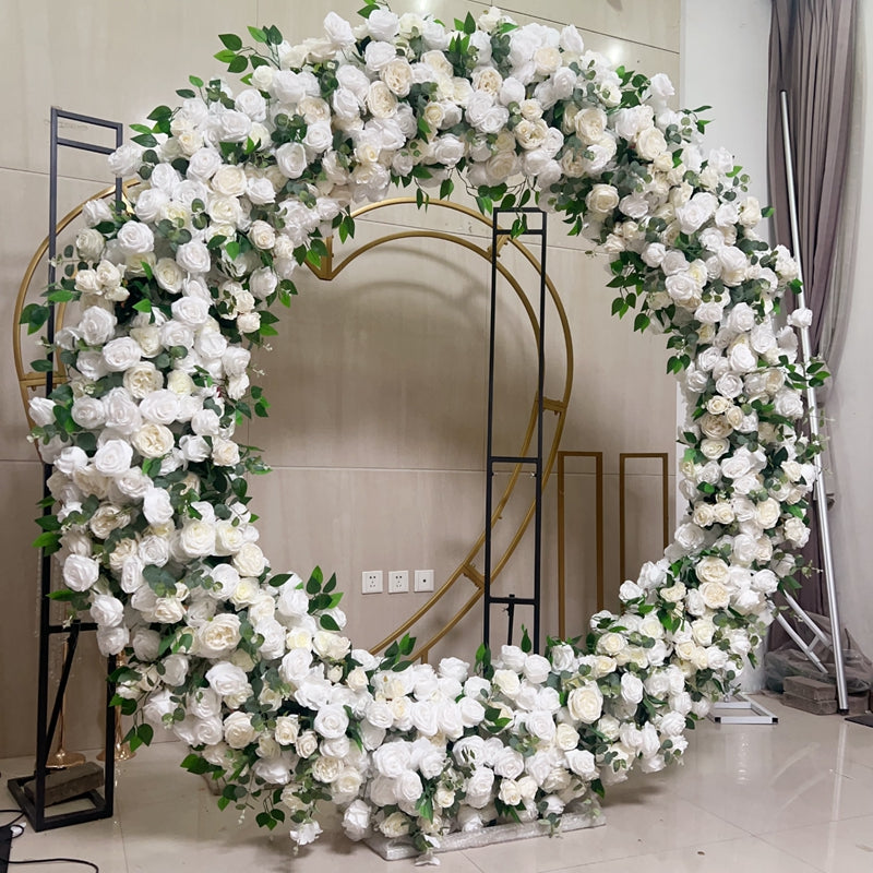 Beige White Round Flower Arch Artificial White And Green Rose Wedding Arch Moon Gate Flower Metal Arch For Wedding