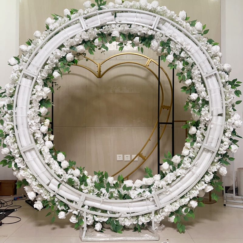 Beige White Round Flower Arch Artificial White And Green Rose Wedding Arch Moon Gate Flower Metal Arch For Wedding